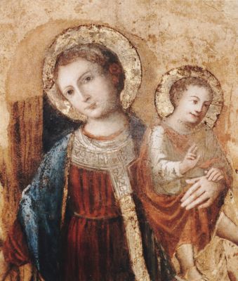 Bologna: portico esterno - Madonna e Bambino benedicente - Scuola Emiliana sec. XV
